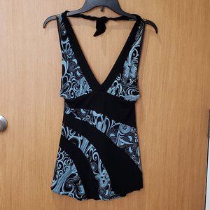 bebe, black blue paisley bustier halter backless fit & flare top, large